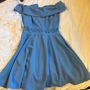 Sky blue off the shoulder embroidered waist dress